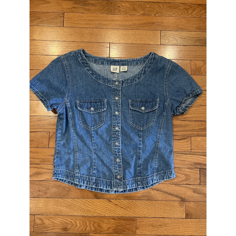 GAP Denim Shirt Women's M Blue Short Sleeve Button Front 100% Cotton Vintage